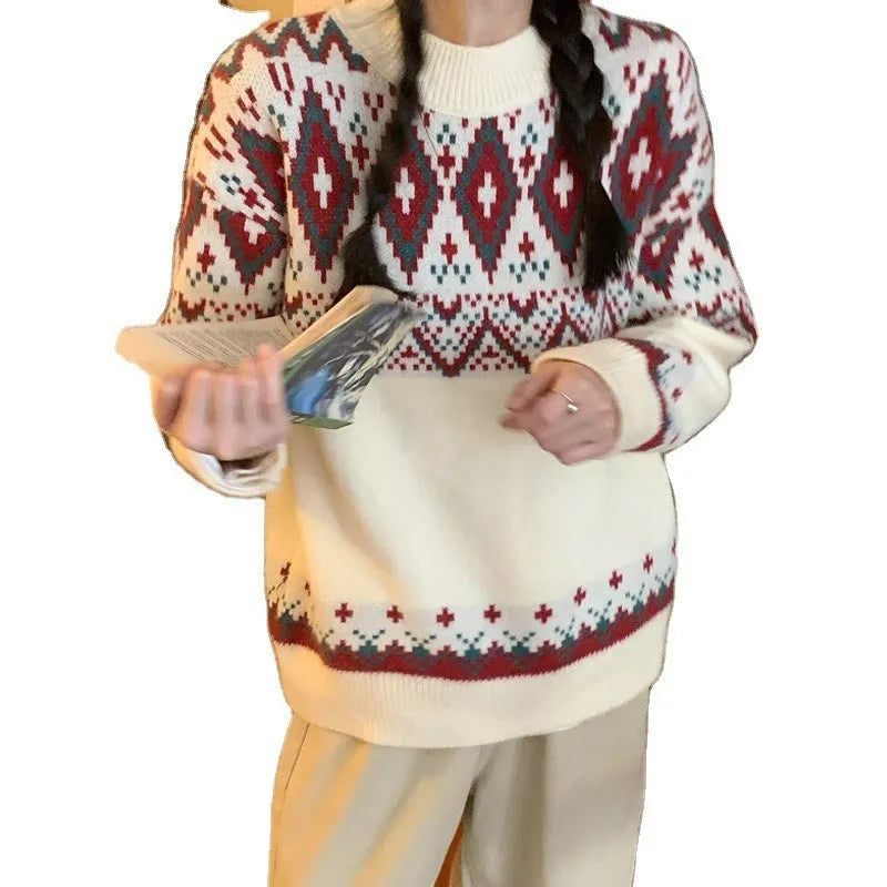 Loose retro striped knitted pullover top in polyester with long sleeves