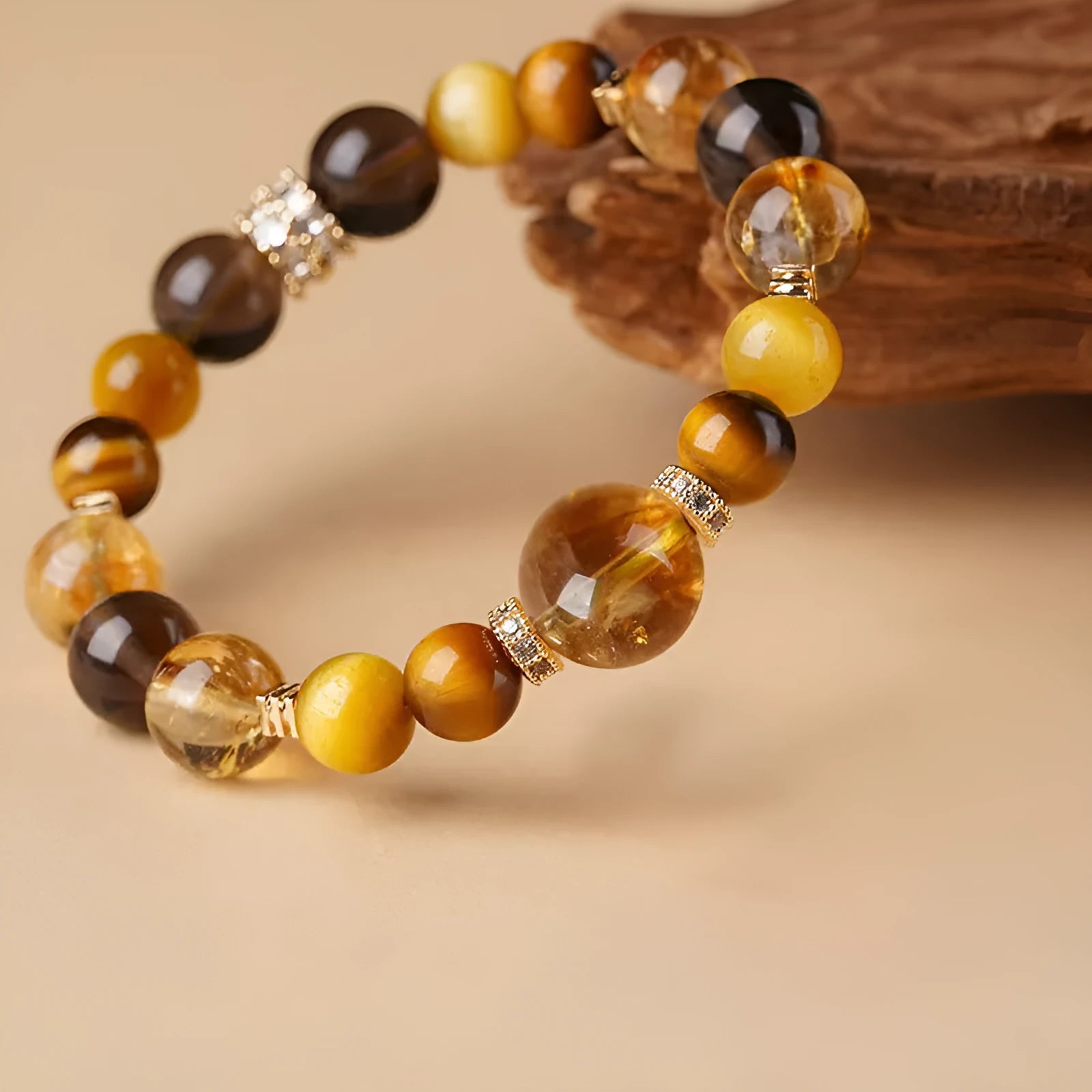 Lucky Jinba natural yellow crystal tiger-eye bracelet in geometric design, showing 10mm and 12mm size options
