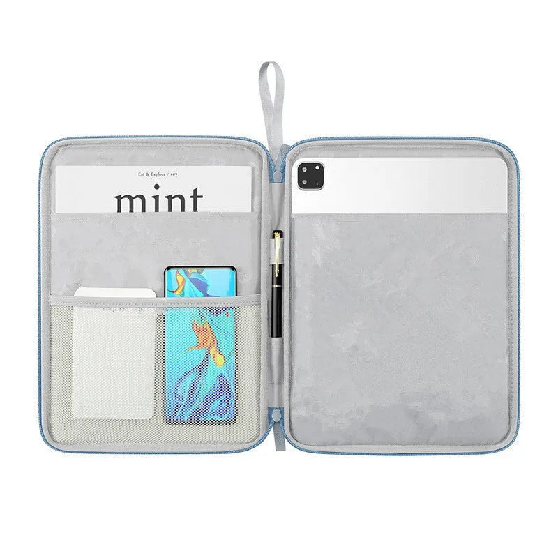 Imitation leather tablet protective case in light grey, black, pink, and sky blue colours for 10.9 inch and 12.9 inch tablets.