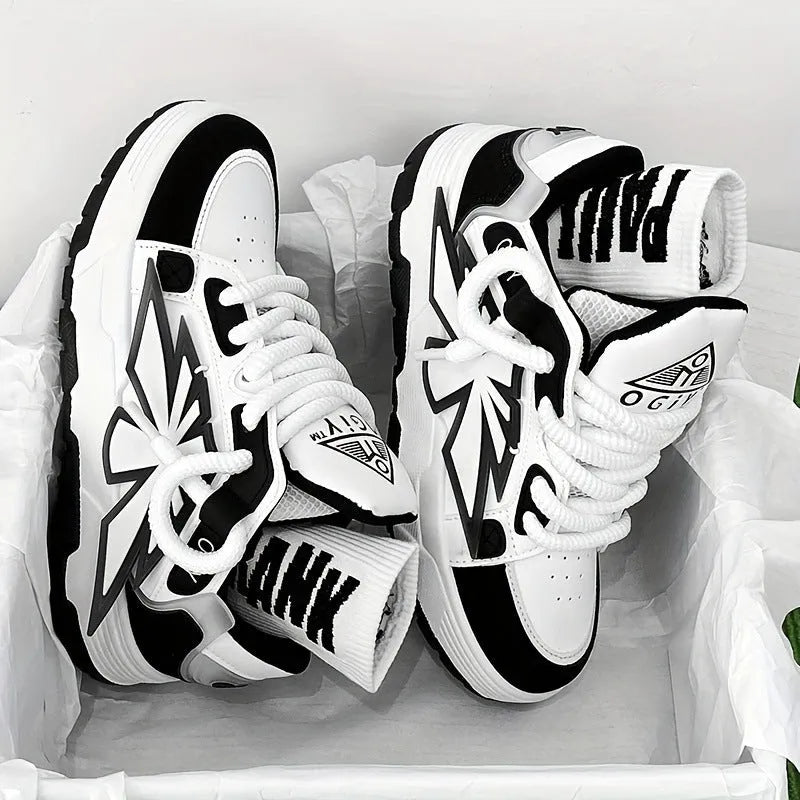 Men's white synthetic leather sneakers with cartoon pattern and thick rubber sole