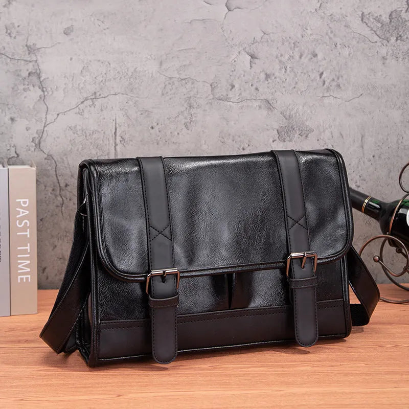 Black Korean-style men's commuter backpack with anti-theft function and PU construction