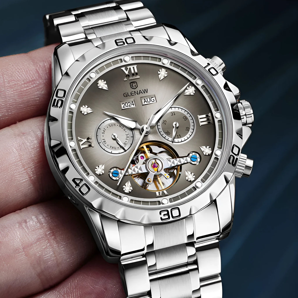 Men's automatic mechanical watch with stainless steel strap and mineral glass face in multiple colour options
