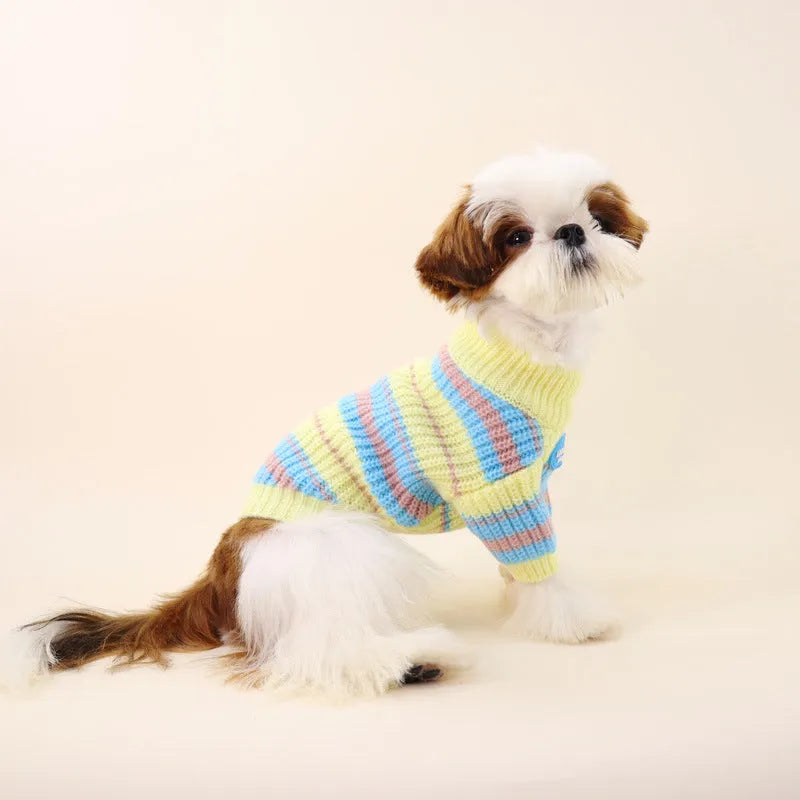 Blue and yellow striped wool dog sweater for small breeds like Maltese and Bichon in sizes XS to XXL