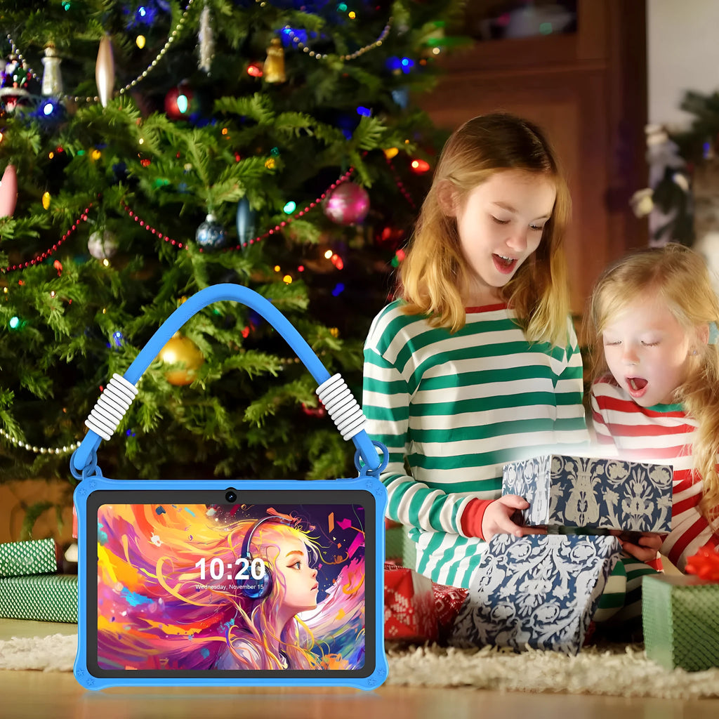 7-inch children's tablet silicone protective case in dark pink with flat carrying strap