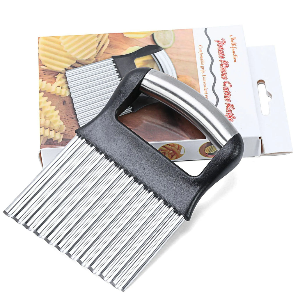 Stainless steel potato wave knife with a wavy blade on a black or white alloy handle.