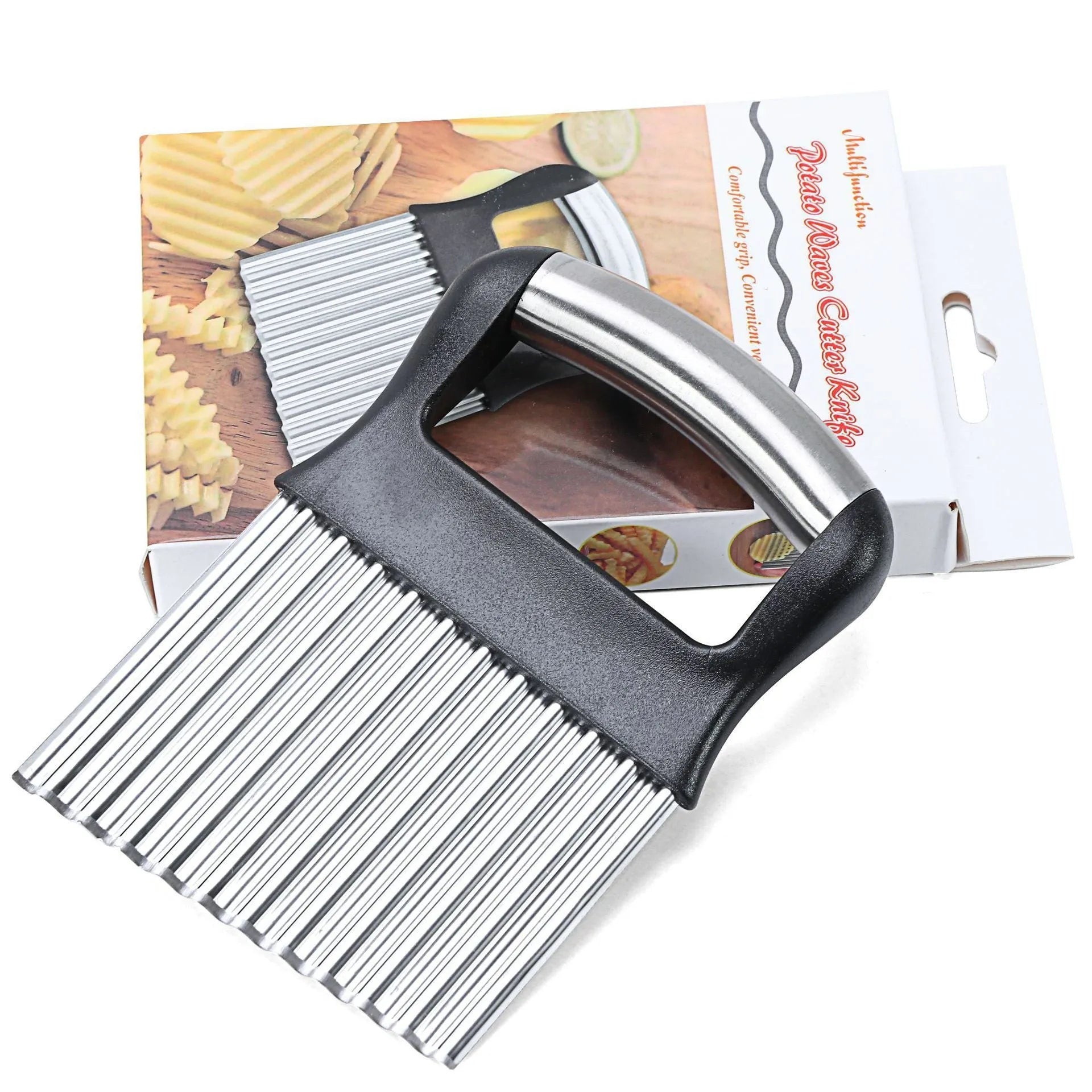 Stainless steel potato wave knife with a wavy blade on a black or white alloy handle.