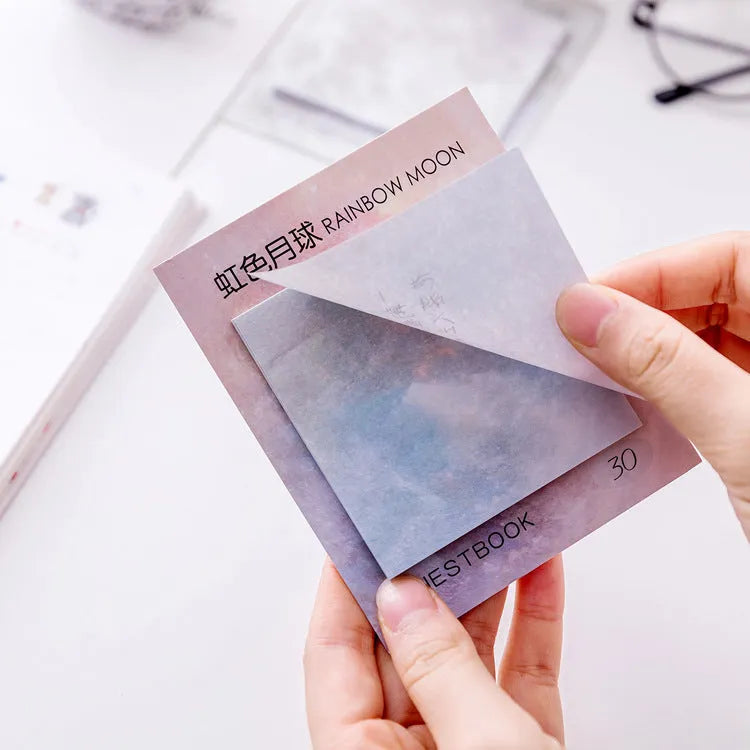 Square planet oil painting sticky notes notepad showing 7.3cm size and cover colour options.
