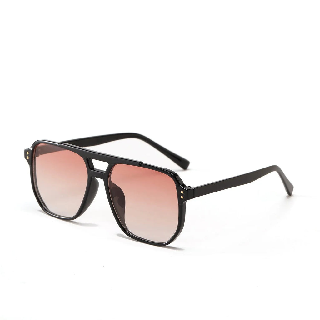 Women's square double beam fashion sunglasses with full-frame design in multiple colour options including bright black and light tea
