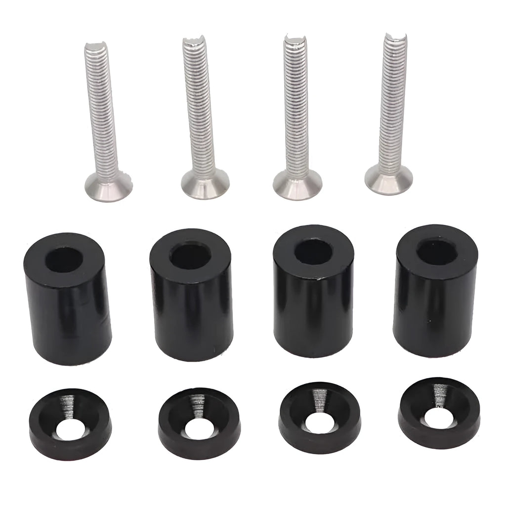 Aluminium alloy car engine bay spacer kit with red, blue, and black colour options next to screws, nuts, and washers.