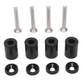 Aluminium alloy car engine bay spacer kit with red, blue, and black colour options next to screws, nuts, and washers.