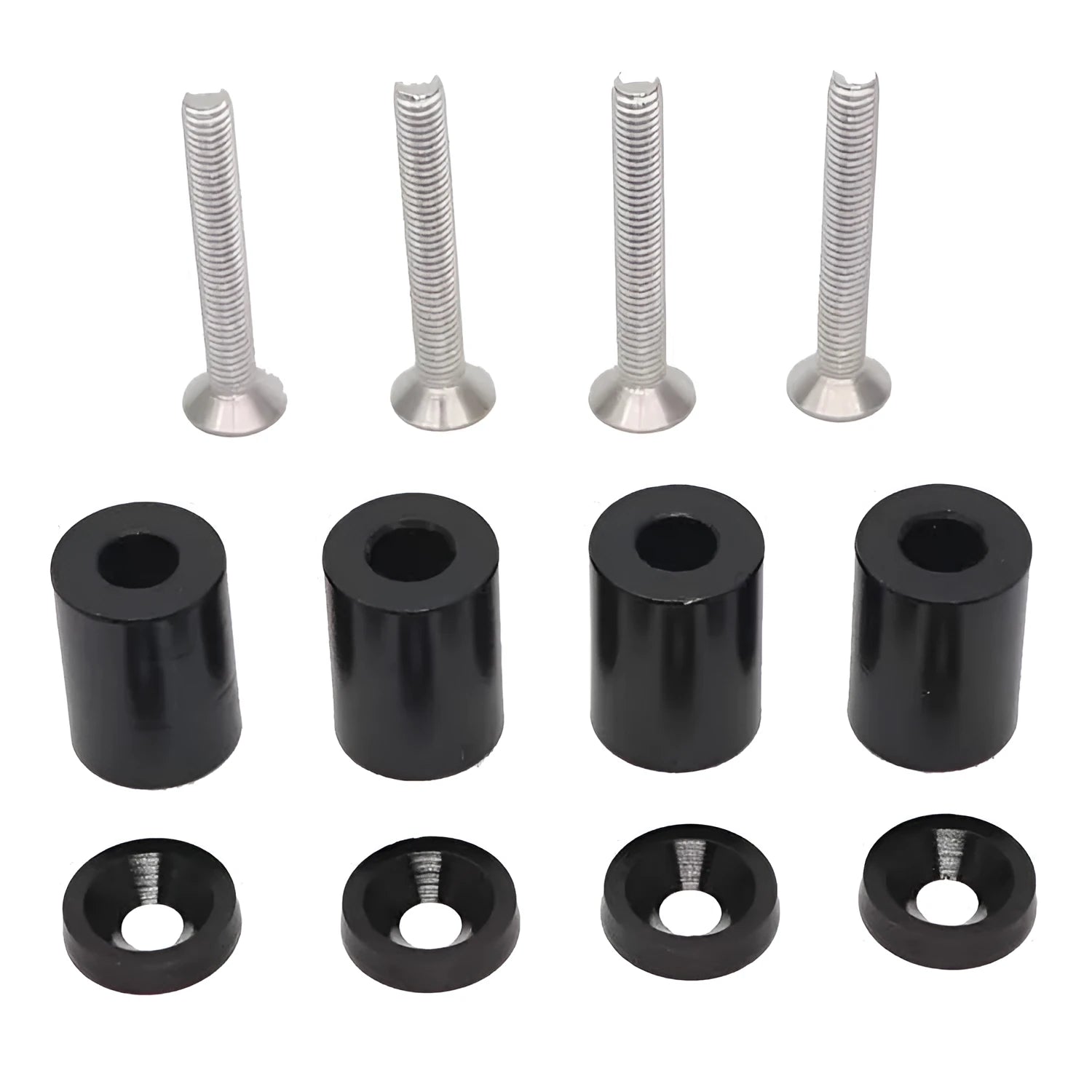 Aluminium alloy car engine bay spacer kit with red, blue, and black colour options next to screws, nuts, and washers.
