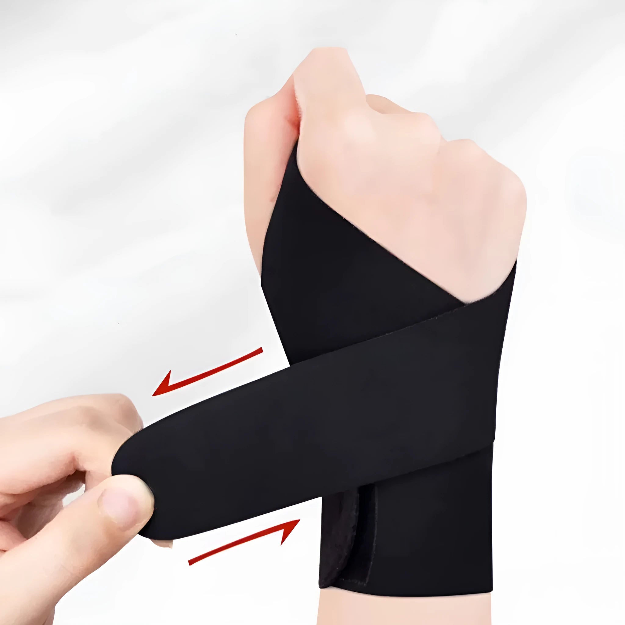 A pair of adjustable athletic wristguards in black, shown on a wrist.