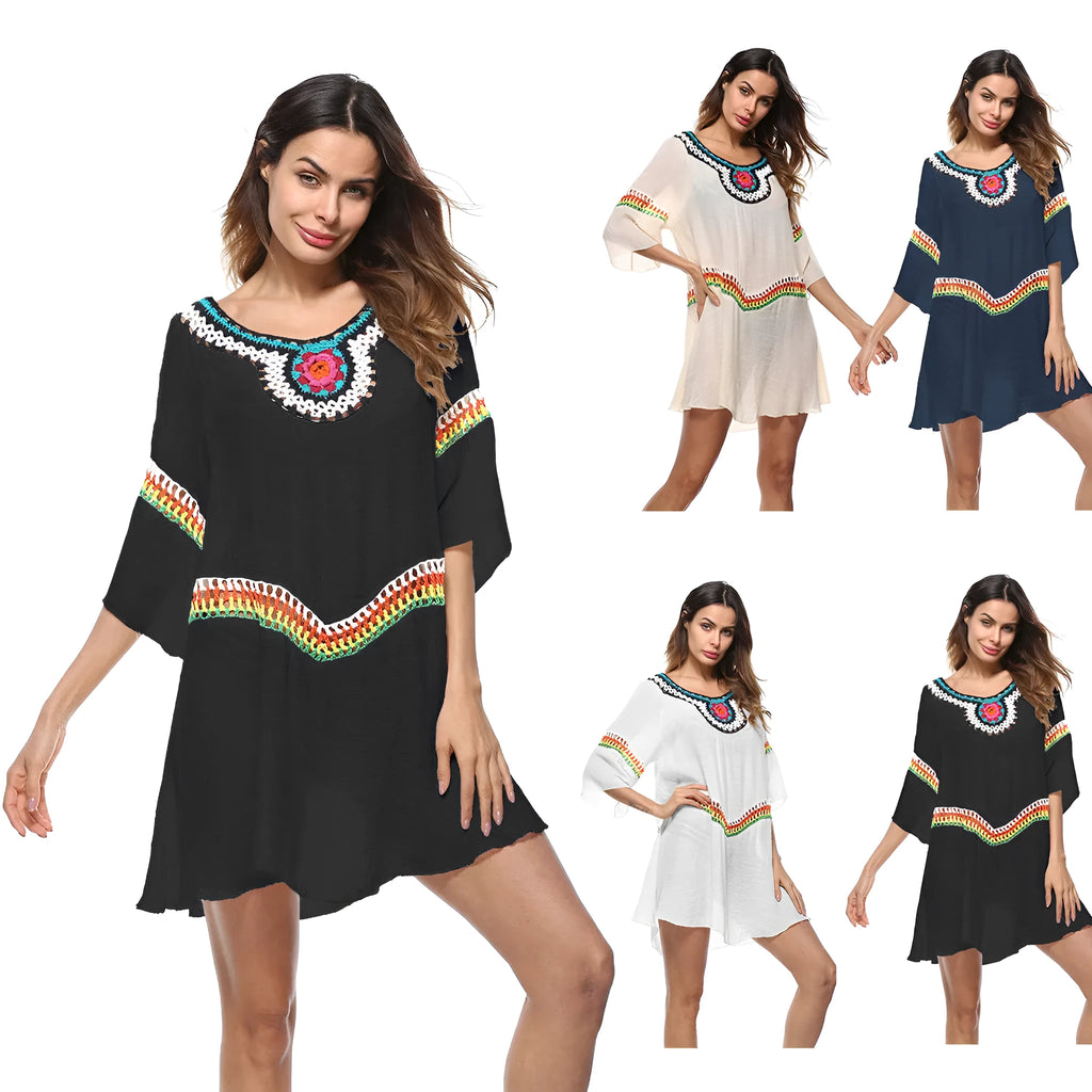 Crocheted ethnic style beach cover-up clothing for women in acrylic polyester fabric