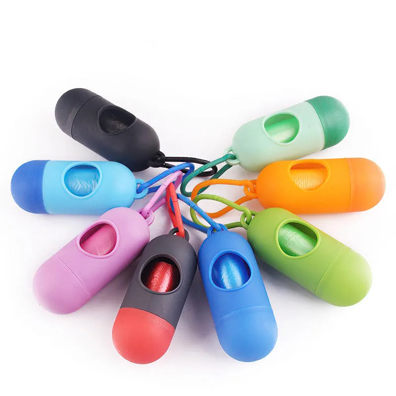 Compact plastic dog poo bag holder with Velcro strap and metal side hook
