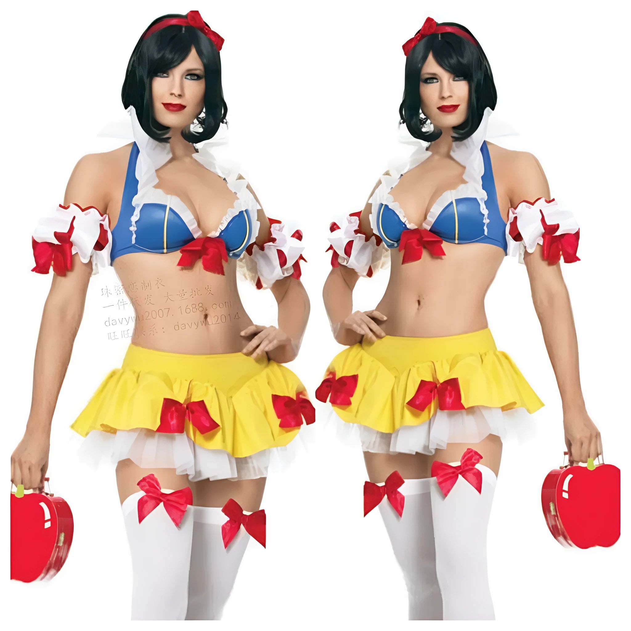 Snow White anime cosplay costume dress with headdress, top, short skirt, and hand sleeves
