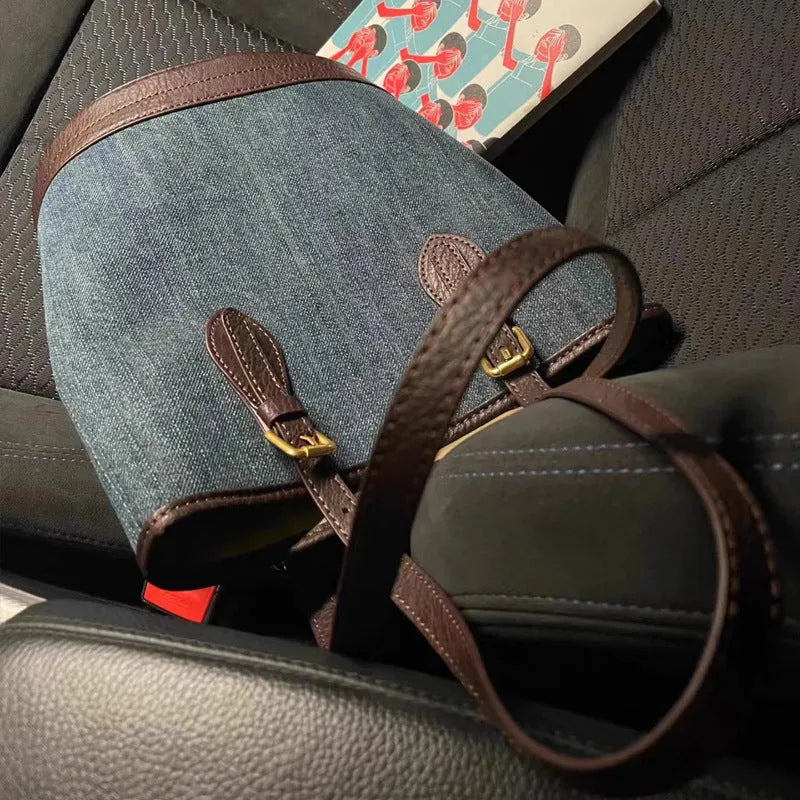 Denim colour patchwork handbag with retro bucket design showing 23cm width, 27cm height dimensions