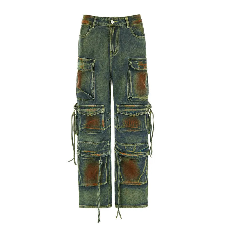 Retro colour loose cargo denim trousers with multiple gradient pockets in street hipster style