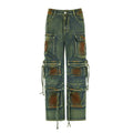 Retro colour loose cargo denim trousers with multiple gradient pockets in street hipster style