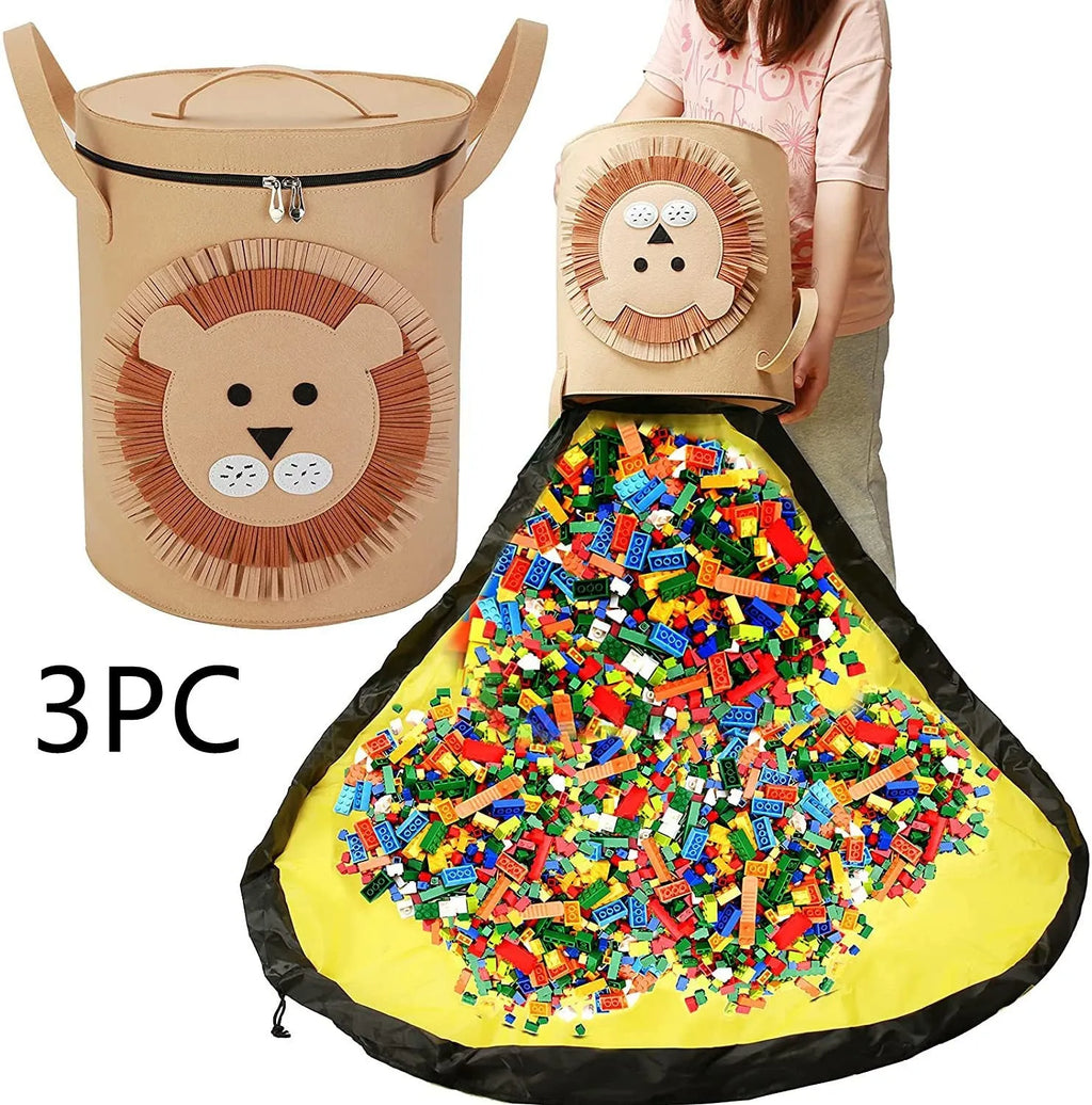 Green felt cube storage bag with pull rope laid flat as play mat for toy organisation