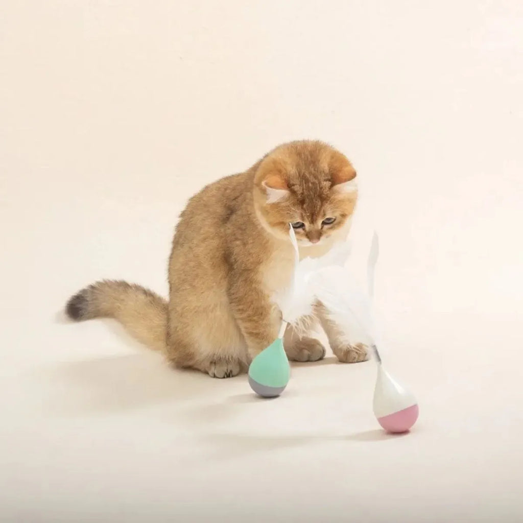 Feather tumbler cat toy showing green colour option with tease stick and goose feather attachment