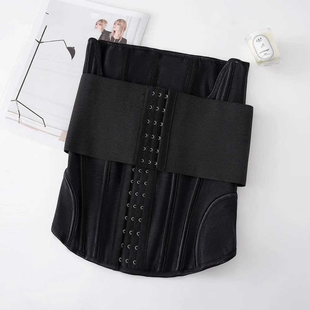 Nylon belly band waist trainer in black and apricot colours with adjustable belt tie