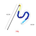 Blue cat teaser wand with plush strip, colourful ball, and bell on 41cm pole