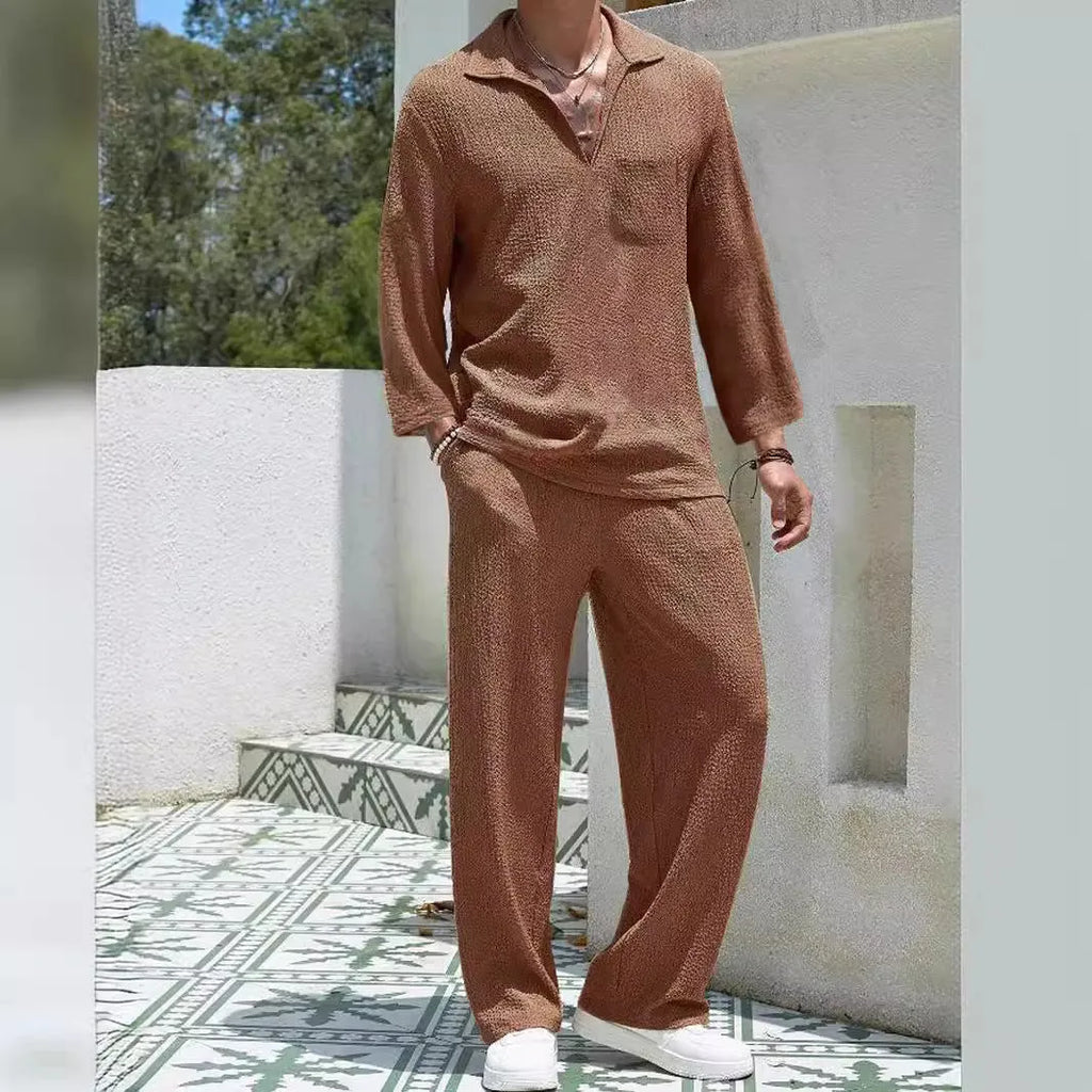 Men's casual shirt trousers set in polyester fabric showing lake blue, khaki, black, and caramel colour options