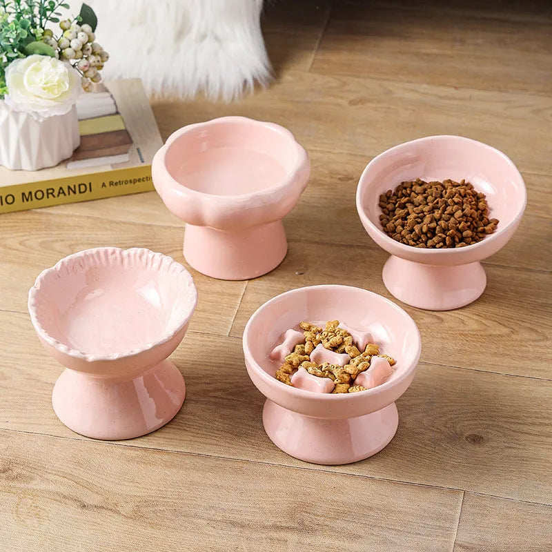 Anti-tumble large diameter ceramic cat bowl in pink, beige or sky blue, A B C D style pet tableware