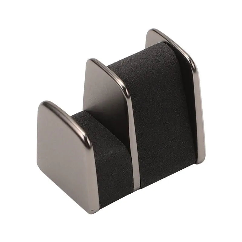 Zinc alloy and leather sunglasses clip holder for car dashboard in black, grey, green, or red.