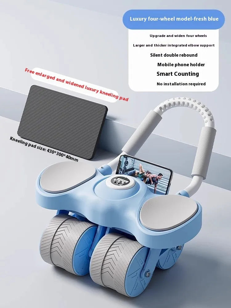 Abdominal wheel with elbow support and automatic rebound mechanism in blue, orange, and black colour options