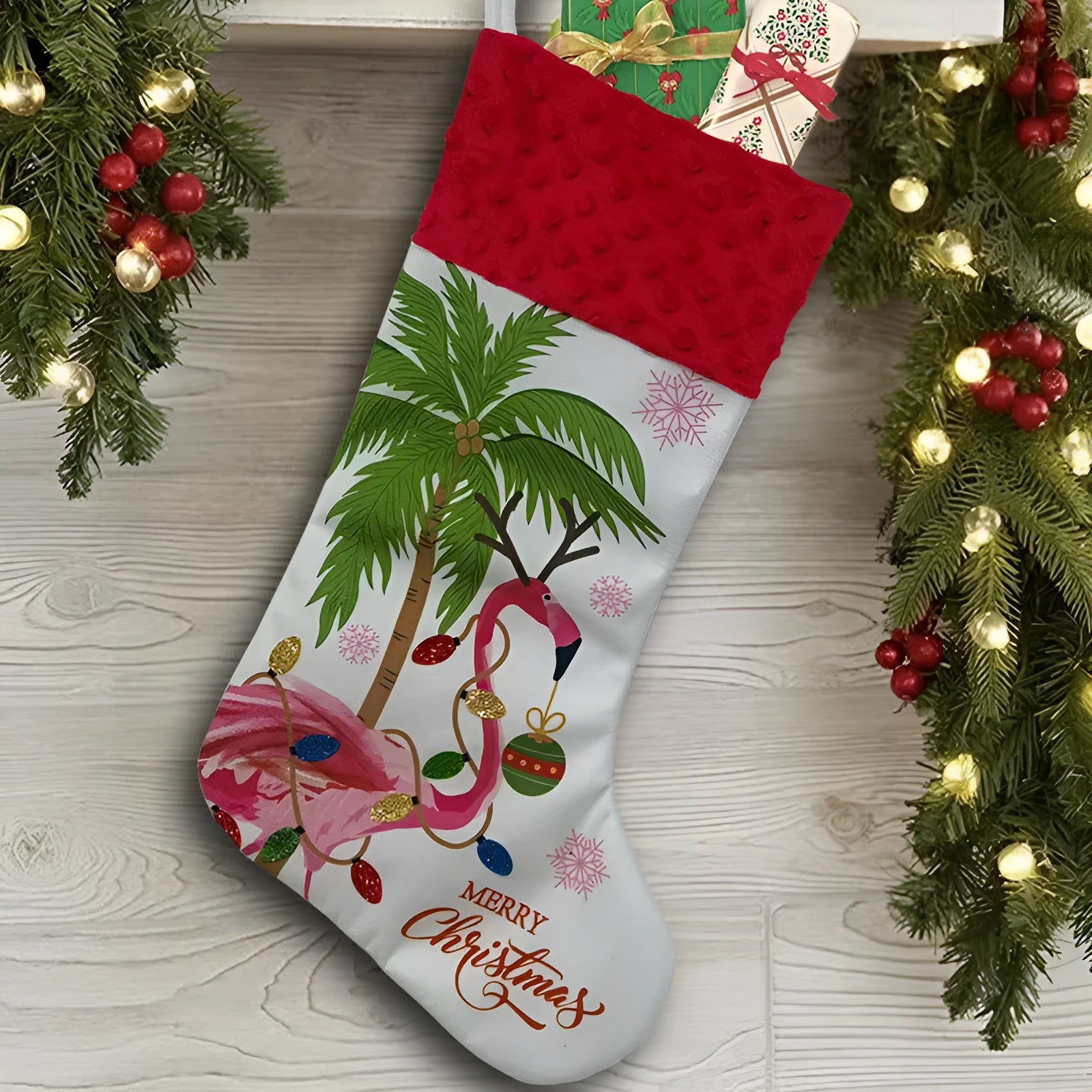 Cloth Christmas stocking decoration with American style design measuring 46cm by 28cm
