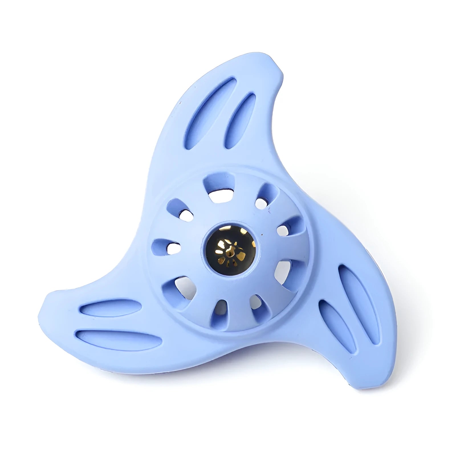 Blue plastic boomerang-shaped dog chew toy with textured molar edges for medium and large breed dogs