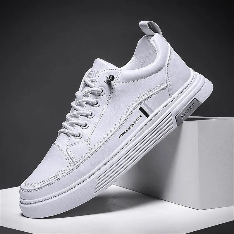 Men's low-top white skateboard shoes with an elastic band and Microfiber upper.