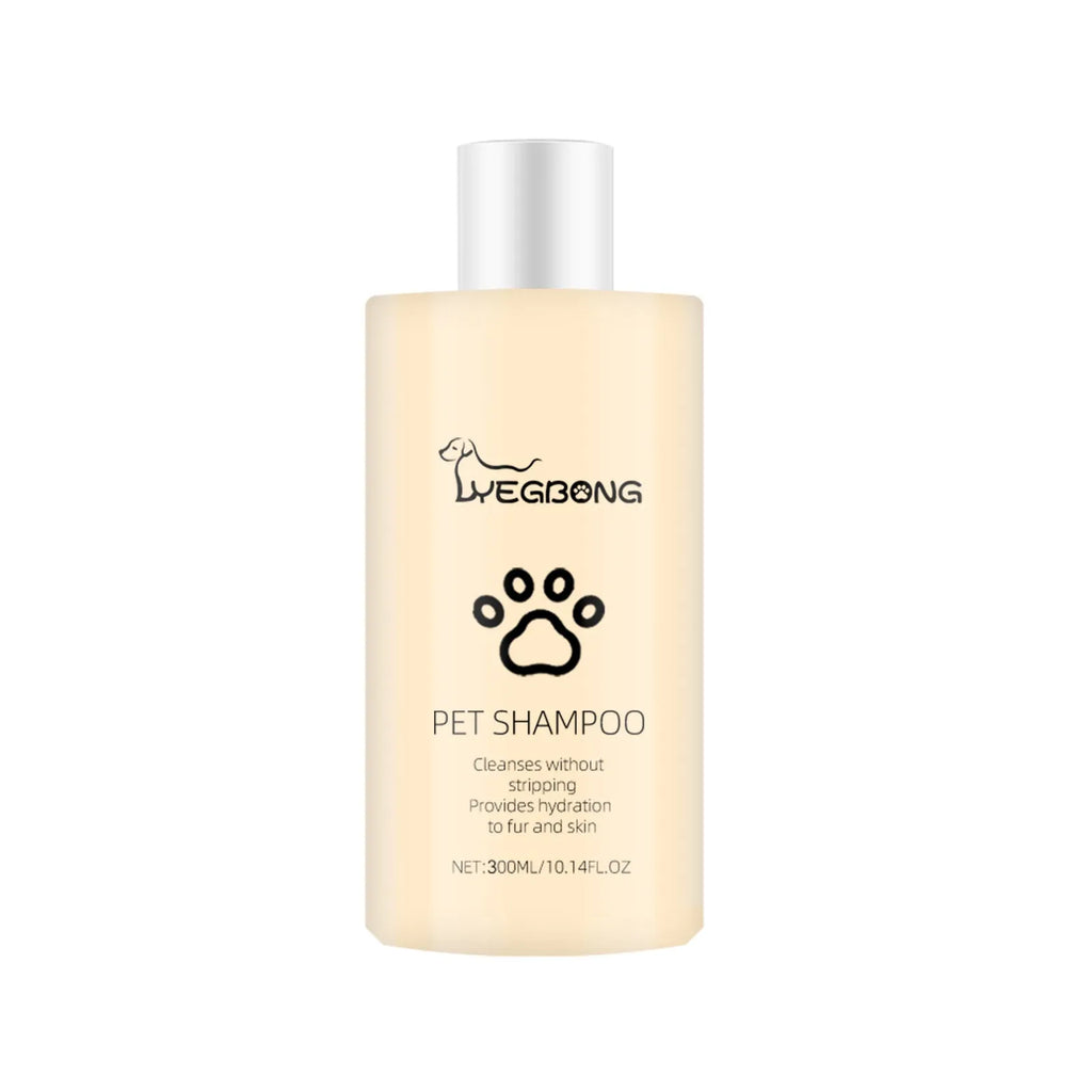 Mild pet shampoo bottle for dogs in 100ml and 300ml sizes for gentle coat cleaning and tangle prevention