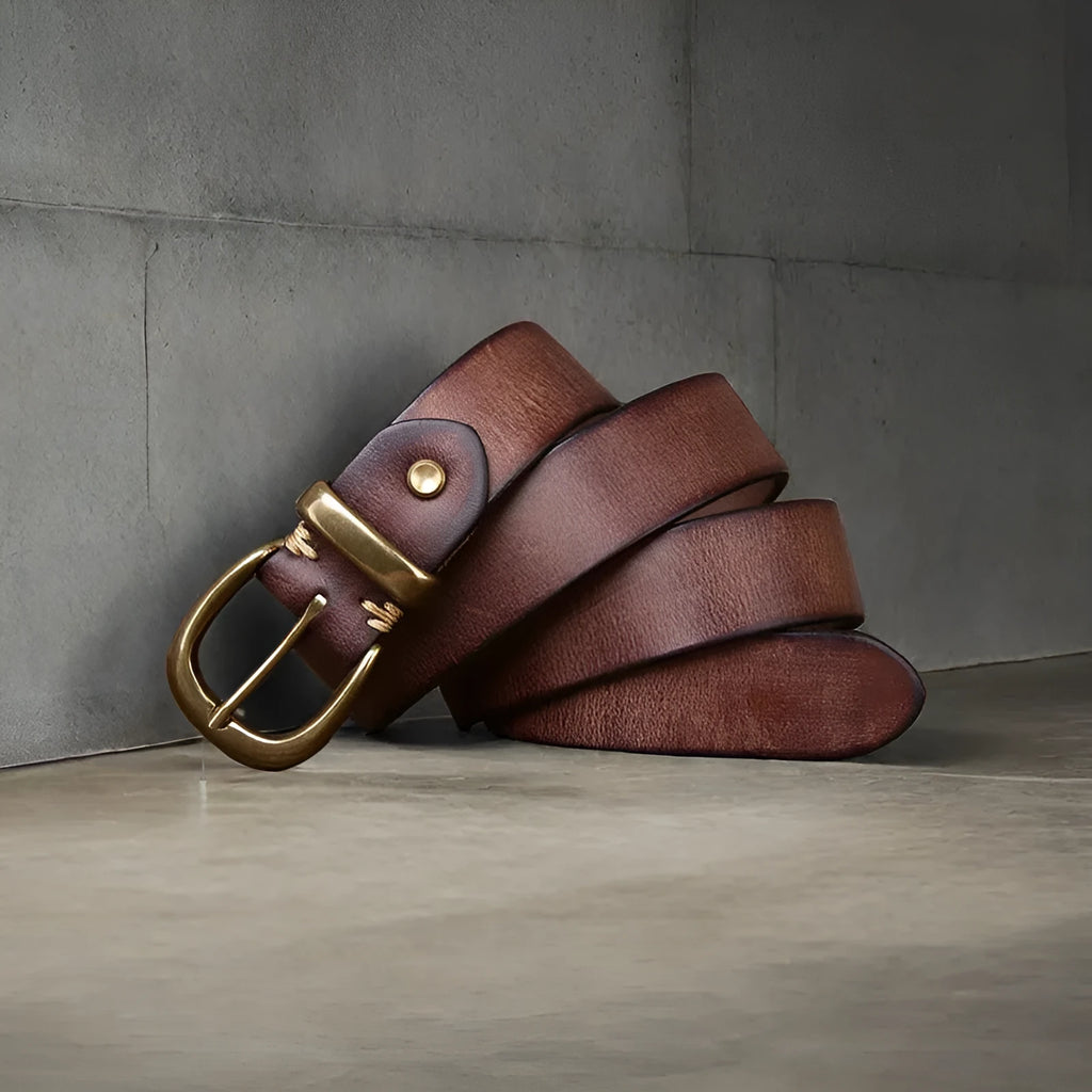 Men's black cattlehide leather belt with copper pin buckle shown at 95-125 cm length.