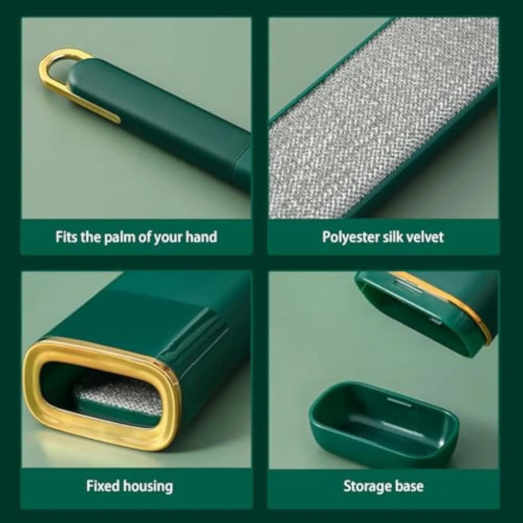 Blue green and white double-sided pet hair remover brush with a storage compartment base.