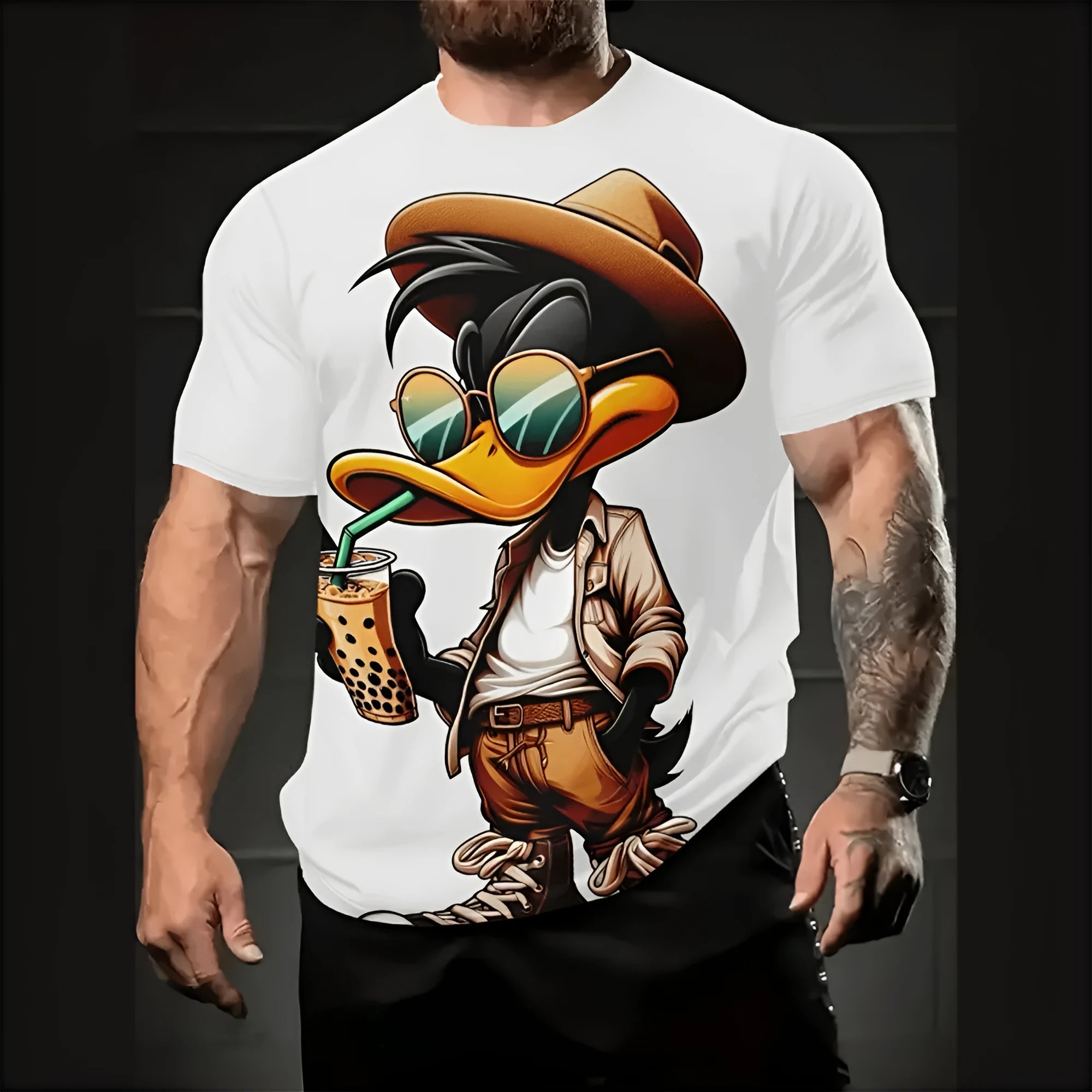 Men's loose-fit short sleeve shirt with a cartoon 3D printed pattern in a summer colour