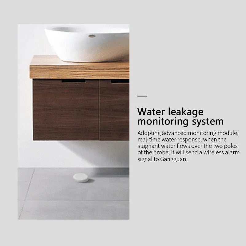 Compact white Zigbee wireless water leak sensor with CR2032 battery on a wooden surface