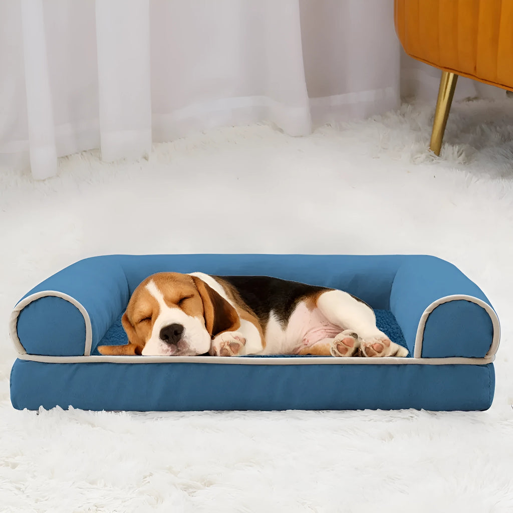 Square sponge dog bed in blue colour with removable cloth cover showing size dimensions