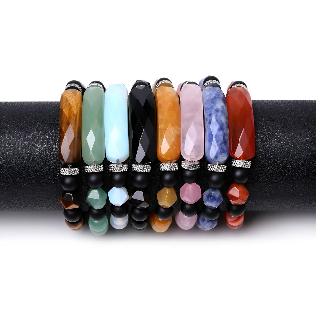 Handmade diamond cut geometric agate bracelet showing eight colour options including black and striped red