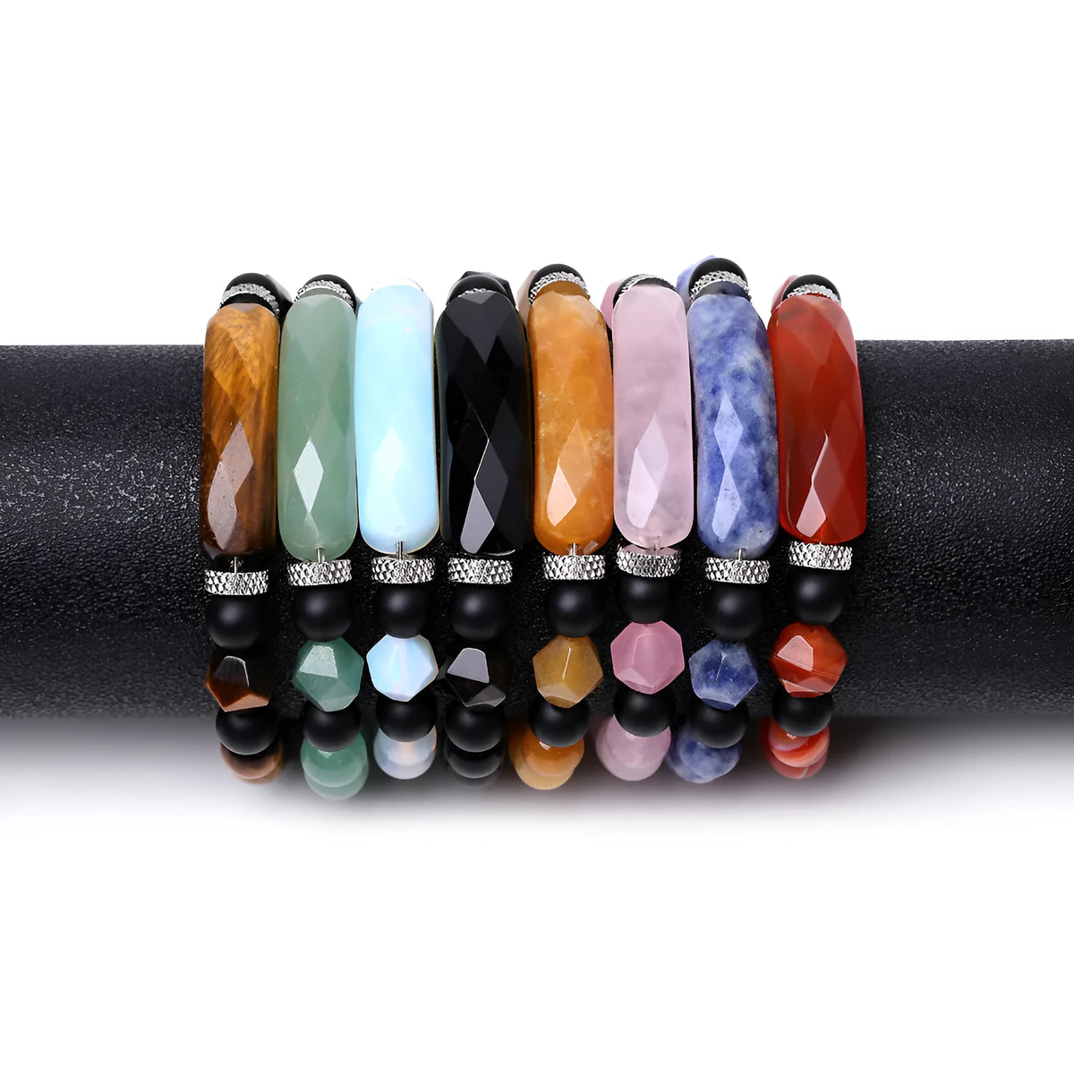 Handmade diamond cut geometric agate bracelet showing eight colour options including black and striped red