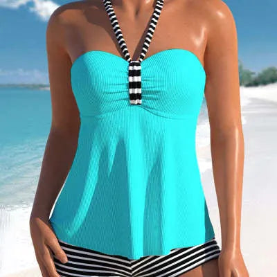 Women's off-the-shoulder swimsuit in black and white stripes, available in green, blue or white.