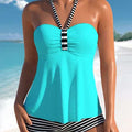 Women's off-the-shoulder swimsuit in black and white stripes, available in green, blue or white.