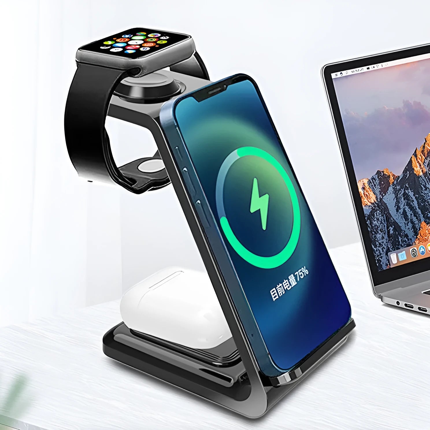 White 3-in-1 upright wireless phone charger stand with Type-C cable on desk