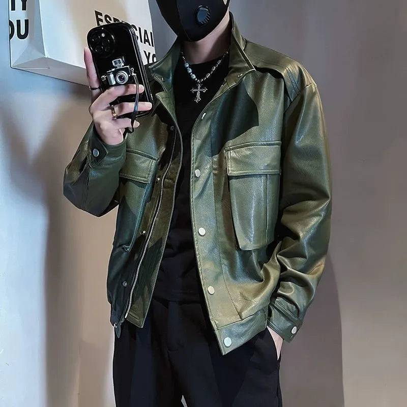 Men's black Korean-style pilot leather jacket with side pockets and straight hem design