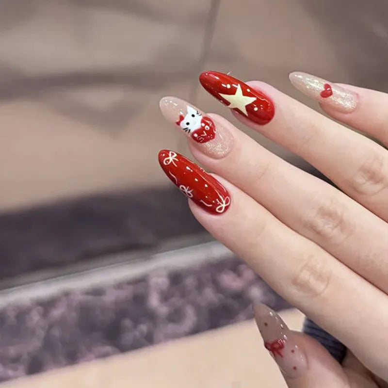 Sweet girly press-on false nails with 500 pieces of 3D heart, star, cloud, and butterfly stickers.