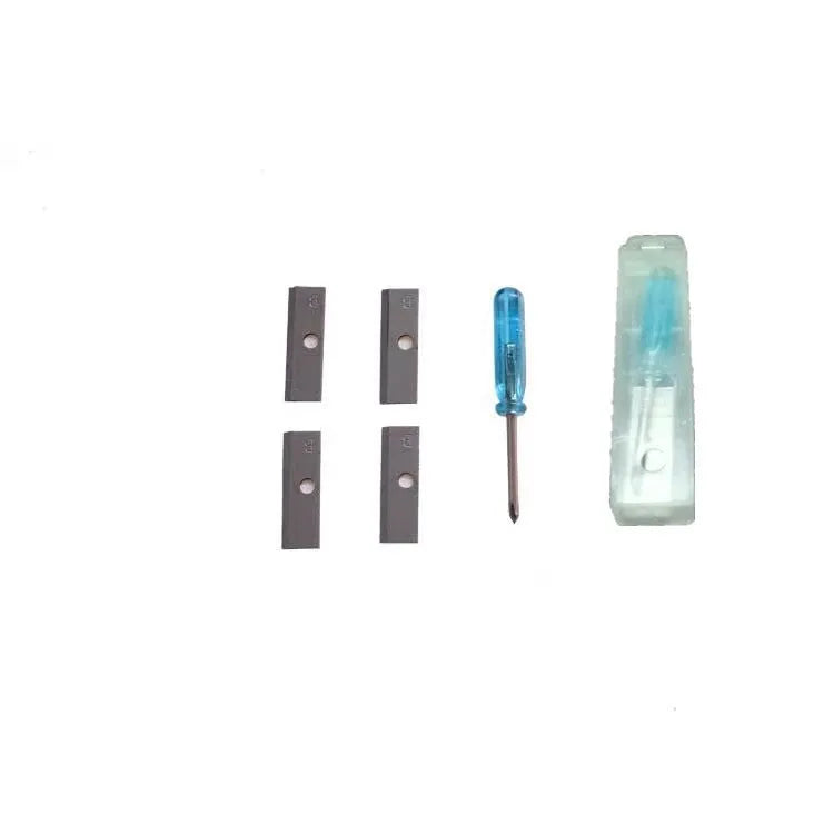 Geometric-shaped plastic pencil sharpener with four sharpening holes and a screwdriver