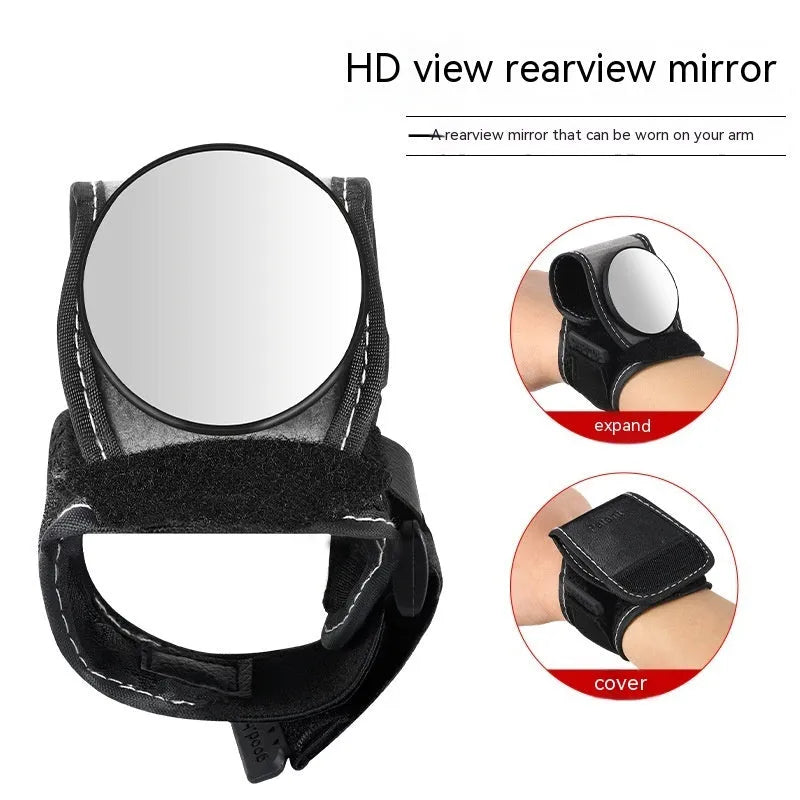 Black nylon wrist-mounted cycling rear-view mirror for bicycle safety