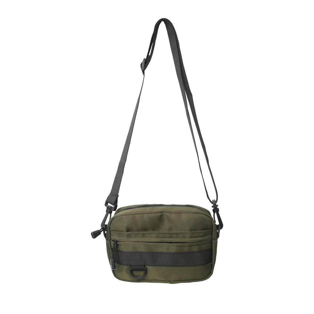 Men's street style nylon messenger bag showing dimensions of 22cm length × 14cm height × 5cm width