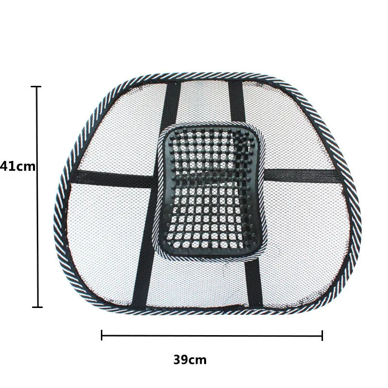Black car lumbar support pillow with steel wire frame measuring 41cm by 39cm